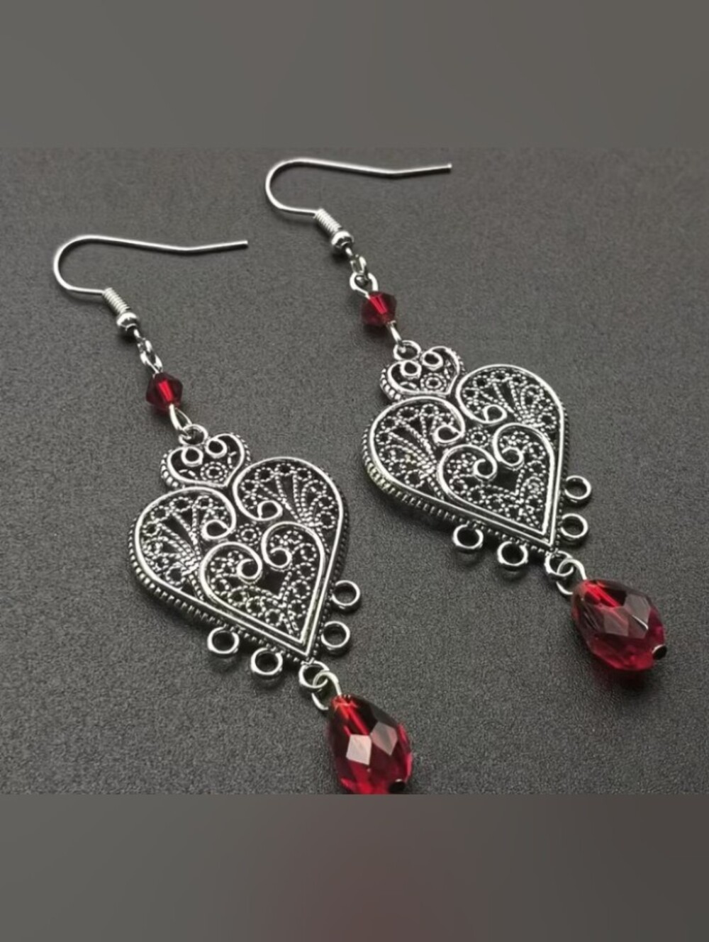 $8 Each Or Bundle 5/$20 Filigree Heart Drop Earrings with Red Crystal Accents